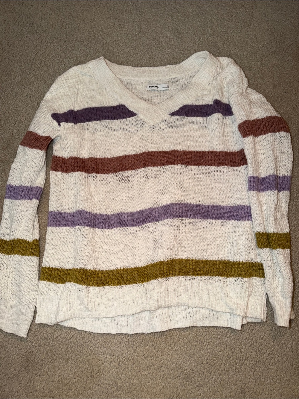 Sonoma Cream V‑Neck Sweater with Purple, Brown & Olive Stripes